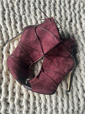Guess Women's Burgundy Suede Peep-Toe Heeled Boots